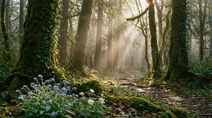 Obraz premium Enchanting Forest Path with Sun Rays