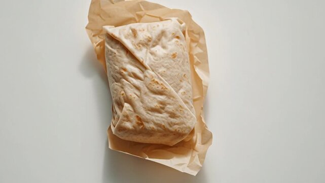 Tortilla or Flatbread Wrapped in Brown Paper on White Background