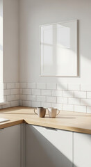 Fototapeta premium modern kitchen interior with kitchen, Minimalist Kitchen Corner Countertop Mockup with Ceramic Mugs and Empty Poster Frame.