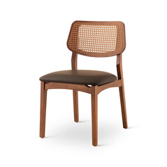 Fototapeta premium Elegant Wooden Dining Chair with Cane Back and Upholstered PNG Transparent Background . Chair PNG