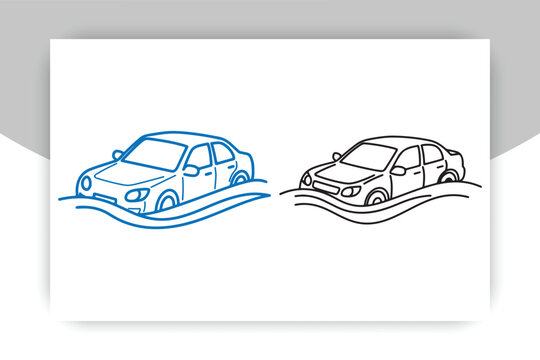 Flooded Car Line Icon &ndash; Vehicle in Water Vector Illustration, Climate Change Disaster Concept,