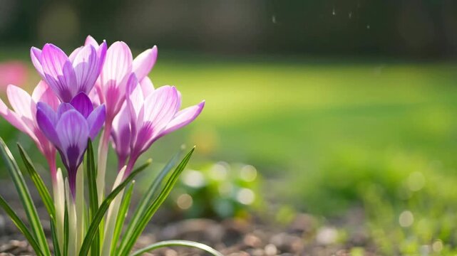 Delicate purple crocus blossoms herald the arrival of spring, bathed in soft morning sunlight amidst a blurred green garden backdrop, embodying natural beauty
