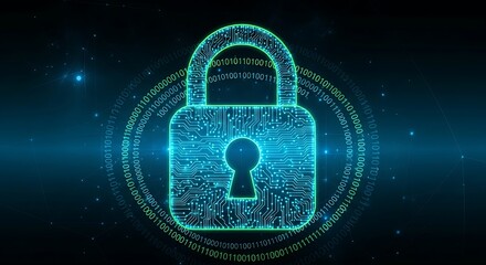 Digital security illuminated padlock icon against futuristic background