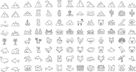 Obraz premium Comprehensive Minimalist Nature and Wildlife Icon Set Featuring Mountains Trees Houses Domestic Animals Marine Life and Wild Creatures Vector Collection