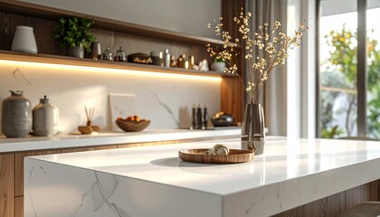 A modern interior setting with a white tabletop in the foreground, complemented by stylish shelves, decorative items, and warm lighting in the background