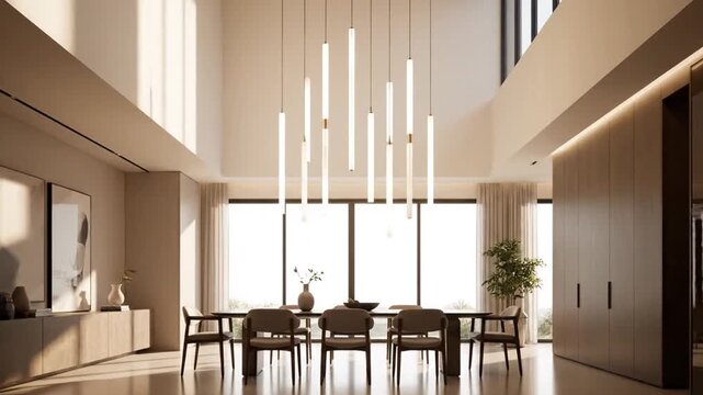 The architecture of this church interior features luxury wood furniture and a light-filled dining room design with chairs and tables set against a stone wall under an indoor window