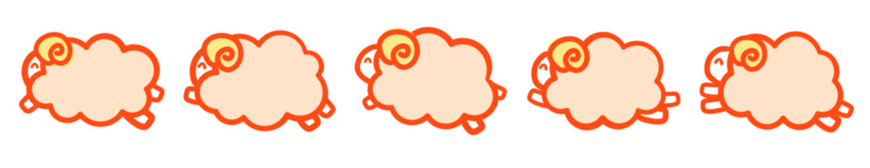 5匹の羊が元気にジャンプする可愛いイラスト。主線朱色のポップな動物キャラクター。2027年未年素材。