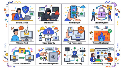 Fototapeta premium Cybersecurity Concepts Illustration Pack: Digital Safety, Data Protection & Threat Prevention