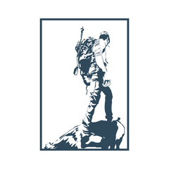 Stylized print of a standing figure, wearing a backpack and leaning slightly forward, possibly a hiker.