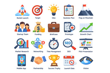 Collection of business icons representing various concepts and tasks in a simple graphic style