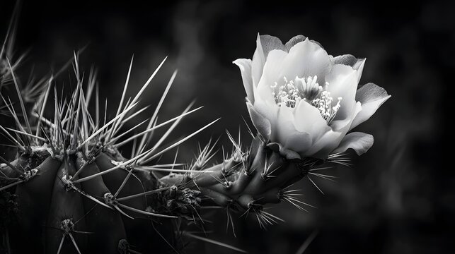 Close up high contrast black and white cactus flower blooming with sharp spines