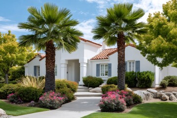 Fototapeta premium Modern house exterior with beautiful landscaped garden and palm trees