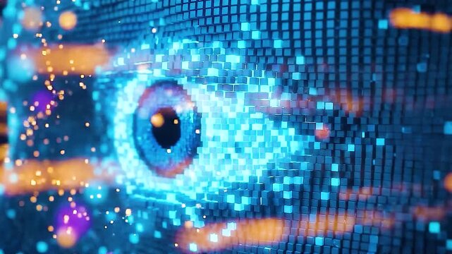 Eye digital abstract representation made of blue glowing cubic pixels for artificial intelligence and surveillance concepts in a futuristic dark grid environment with orange bokeh lights