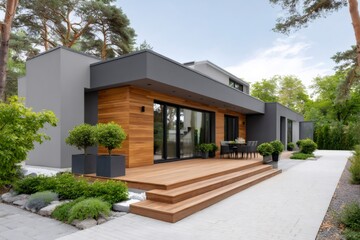 Modern luxury house exterior with wooden terrace and outdoor dining