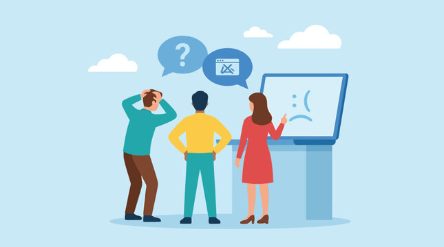 Team Frustrated by Technical Problem on Laptop with Error Message. People Confused by Computer Glitch, Seeking Solutions and Support.