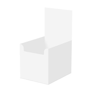 Cardboard counter display box with blank back header in perspective view. Vector mockup for product placement, in-store promotion and retail shelf presentation