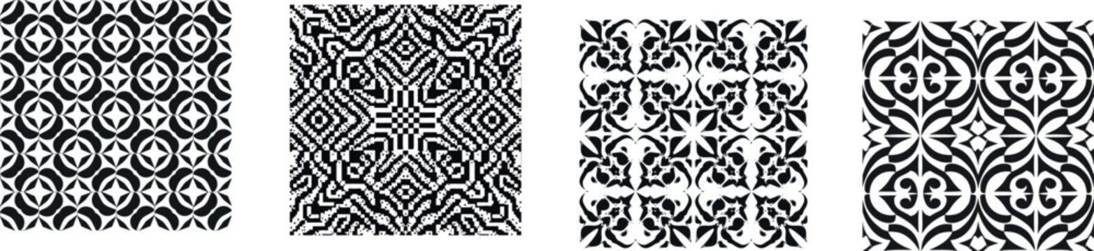 Intricate black and white damask floral ornament symmetrical pattern design