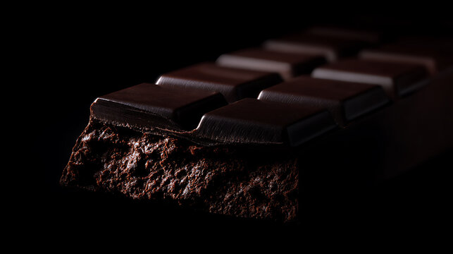 Rich, dark chocolate bar reveal with a captivating textured break, highlighting decadent cocoa and smooth squares on a mysterious black background
