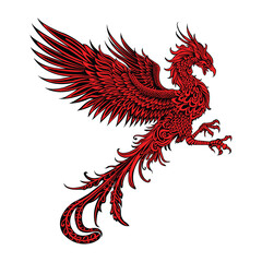 Illustration of a red phoenix mythical bird isolated on white background