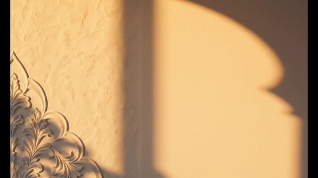 Generative AI, shifting golden hour sunlight on white plaster wall with arabesque engraving and copy space