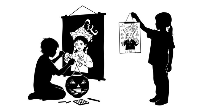 Children creating shadow puppets using a traditional puppet theater setup