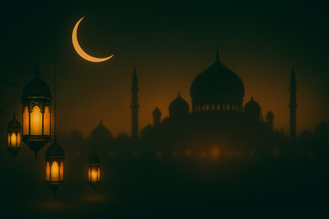 Elegant crescent curve glowing beside mosque skyline with warm lantern light. Premium Ramadan Kareem artwork for high-end festive marketing.