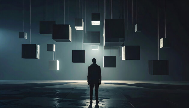 Man standing in dark room with hanging light boxes