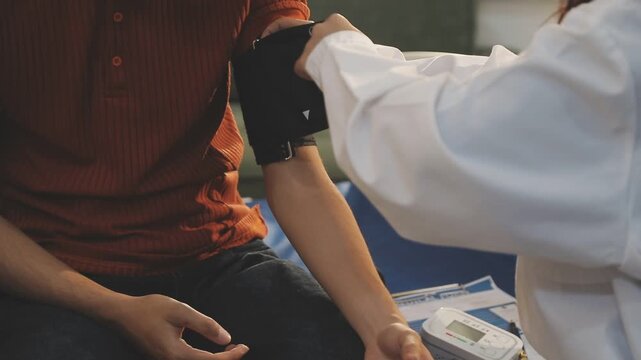 Doctor Measuring arterial blood pressure with man patient on arm Health care in hospital