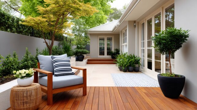 Modern backyard patio with outdoor furniture and landscaping