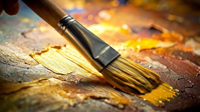 Close up of paintbrush applying vibrant yellow paint to textured canvas in artistic creative process.