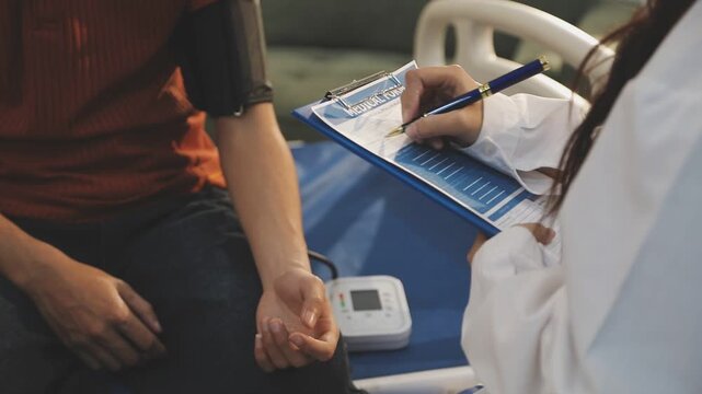 Doctor Measuring arterial blood pressure with man patient on arm Health care in hospital