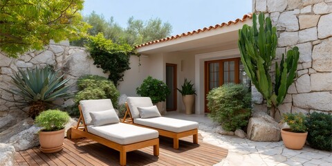 Fototapeta premium Luxurious patio garden with chaise lounges for relaxation