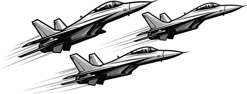 Three gray fighter jets flying in formation with motion lines gray jets military aircraft jet formation
