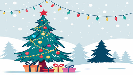 Snowy Christmas Tree Vector Holiday Celebration Scene