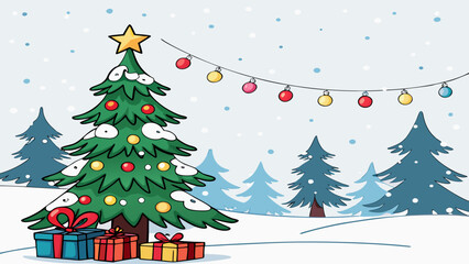 Festive Holiday Tree Vector Snowfall Winter Scene