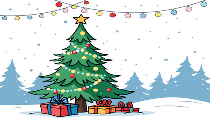 Fototapeta premium Decorated Tree Vector Winter Holiday Greeting Background
