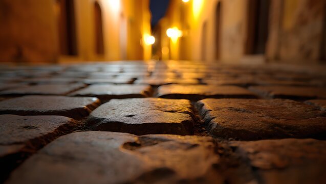 Nighttime scene of an old cobblestone street illuminated by soft glowing streetlights