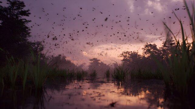 Swarm of mosquitoes flying over serene lake at sunset with lush greenery and purple sky