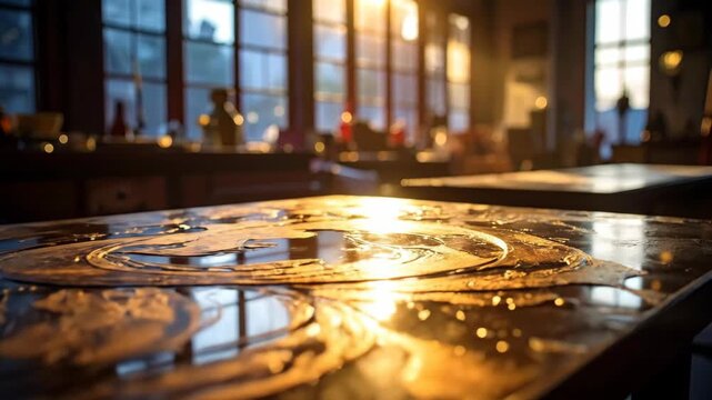 Sunlit classroom tables with artistic paint patterns and warm glowing window light.