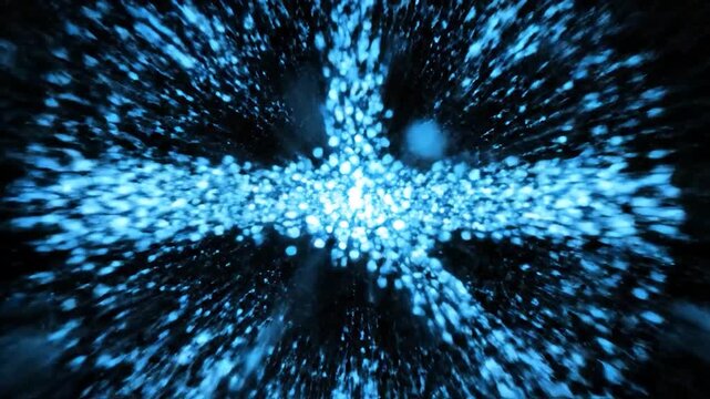Digital clock icon made of glowing blue particles bursts into a dynamic
