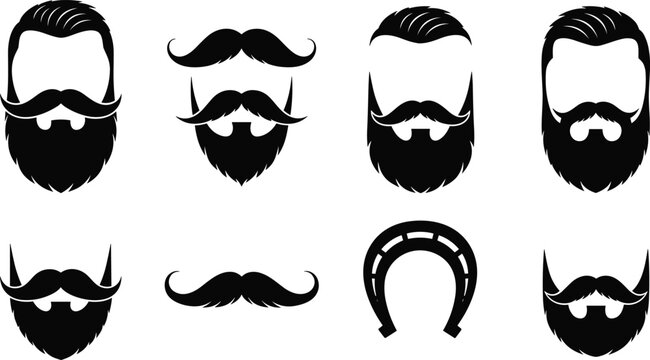Black and white beard and mustache vector set featuring various facial hair styles and a horseshoe isolated on white background.