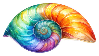 Obraz premium A vibrant rainbow-colored seashell viewed from the side, showcasing its spiral shape and detailed texture