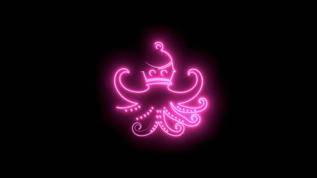 Octopus with tentacles. Sea and ocean animal. Cute giant kraken monster, cartoon creepy underwater cuttlefish. Thin lines style emblem for the menu of the seafood restaurant. Neon glowing.