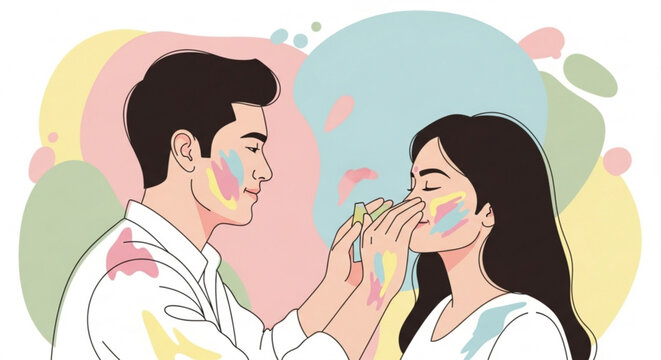Couple celebrating holi festival with colorful powder on their faces and clothes happy and playful