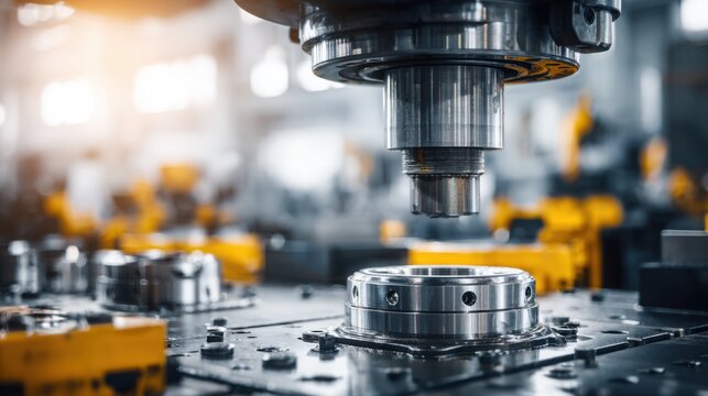 Heavy industrial hydraulic press stamping metal components with immense power in a manufacturing facility