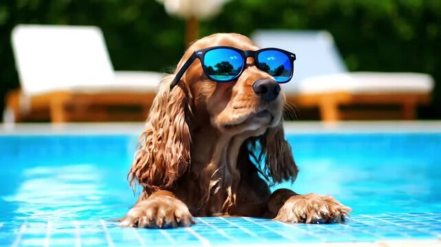 A dog wearing reflective sunglasses relaxes in a swimming pool.