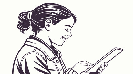 Young girl smiling while using a digital tablet.