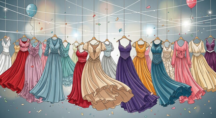 Fototapeta premium Vibrant evening gowns in various colors hang from ceiling formal dresses with intricate details and flowing skirts festive atmosphere with confetti and balloons elegant fashion