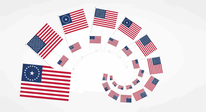 Evolution of American flags displayed in a circular pattern