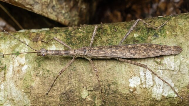 Remarkably camouflaged stick insect perfectly blending with textured tree bark in its natural habitat.